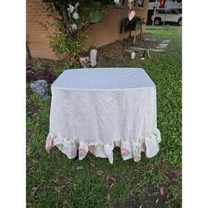 Vintage Shabby Chic Ruffled Tablecloth Pink Rose Floral Farmhouse Cottagecore